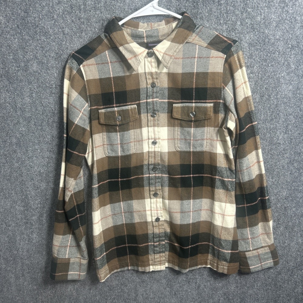 Patagonia Shirt Women 4 Brown Plaid 100% Organic Cotton Flannel Button Up Pocket